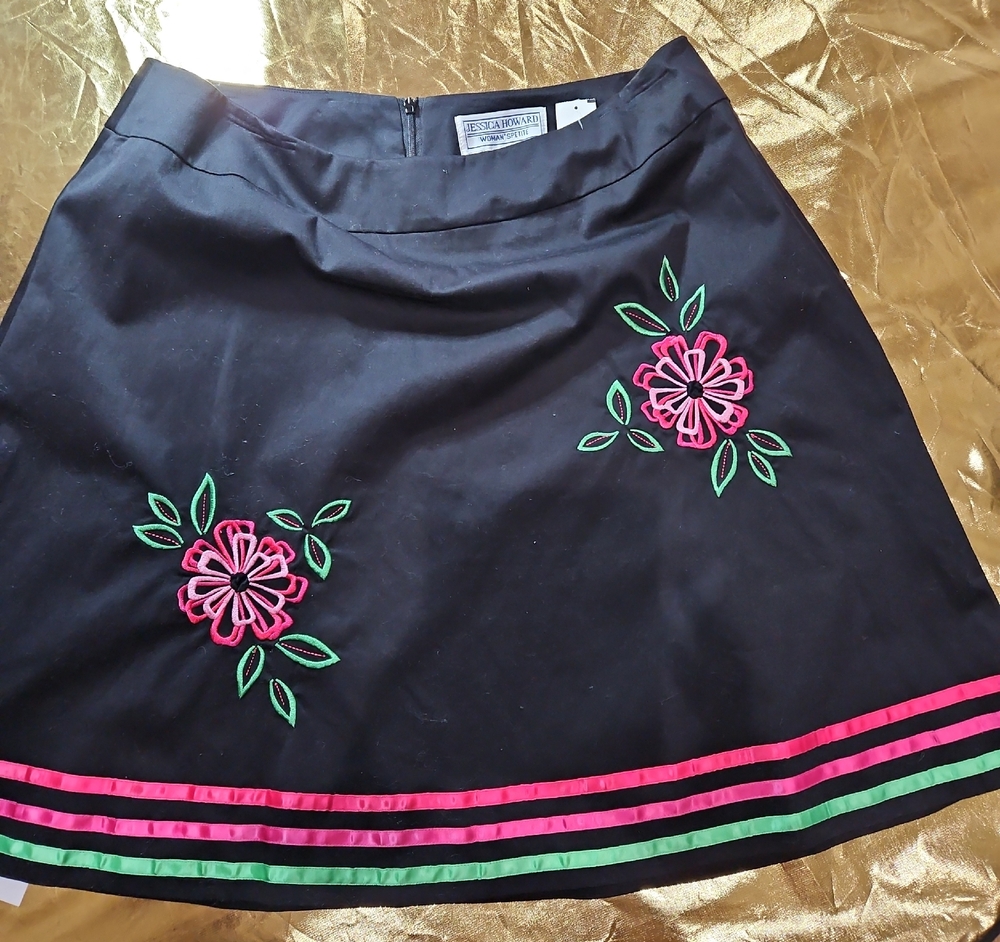 Christopher & Banks Black Skirt with Pink and Green Embroidery